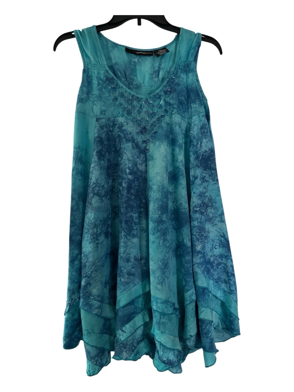 Women’s Sleeveless Teal Tie-Dye Tank Tunic with Beaded V-Neck Size:12W